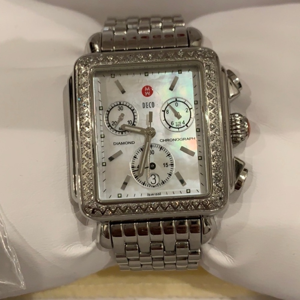 Michele Silver Diamond Chronograph Watch
